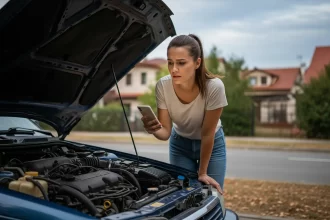 Woman Holding Phone While Looking At The Engine