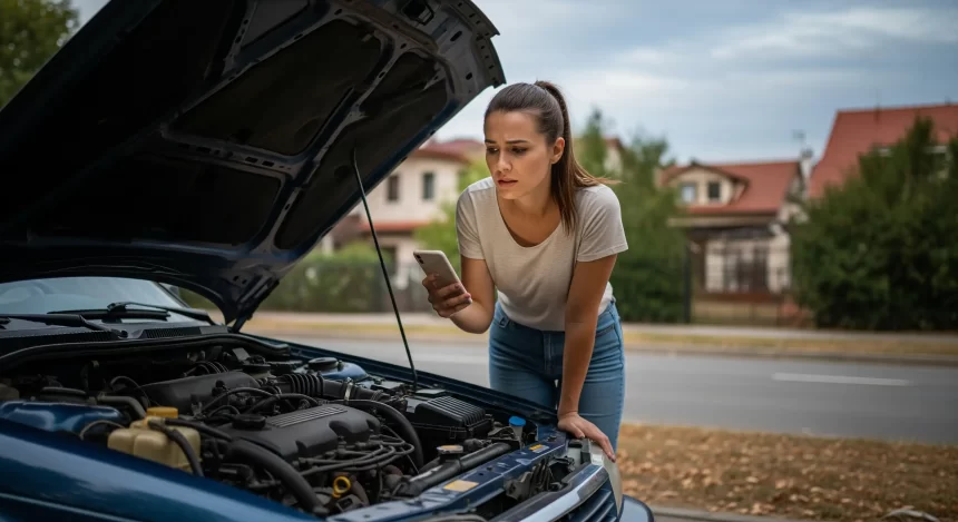 Woman Holding Phone While Looking At The Engine